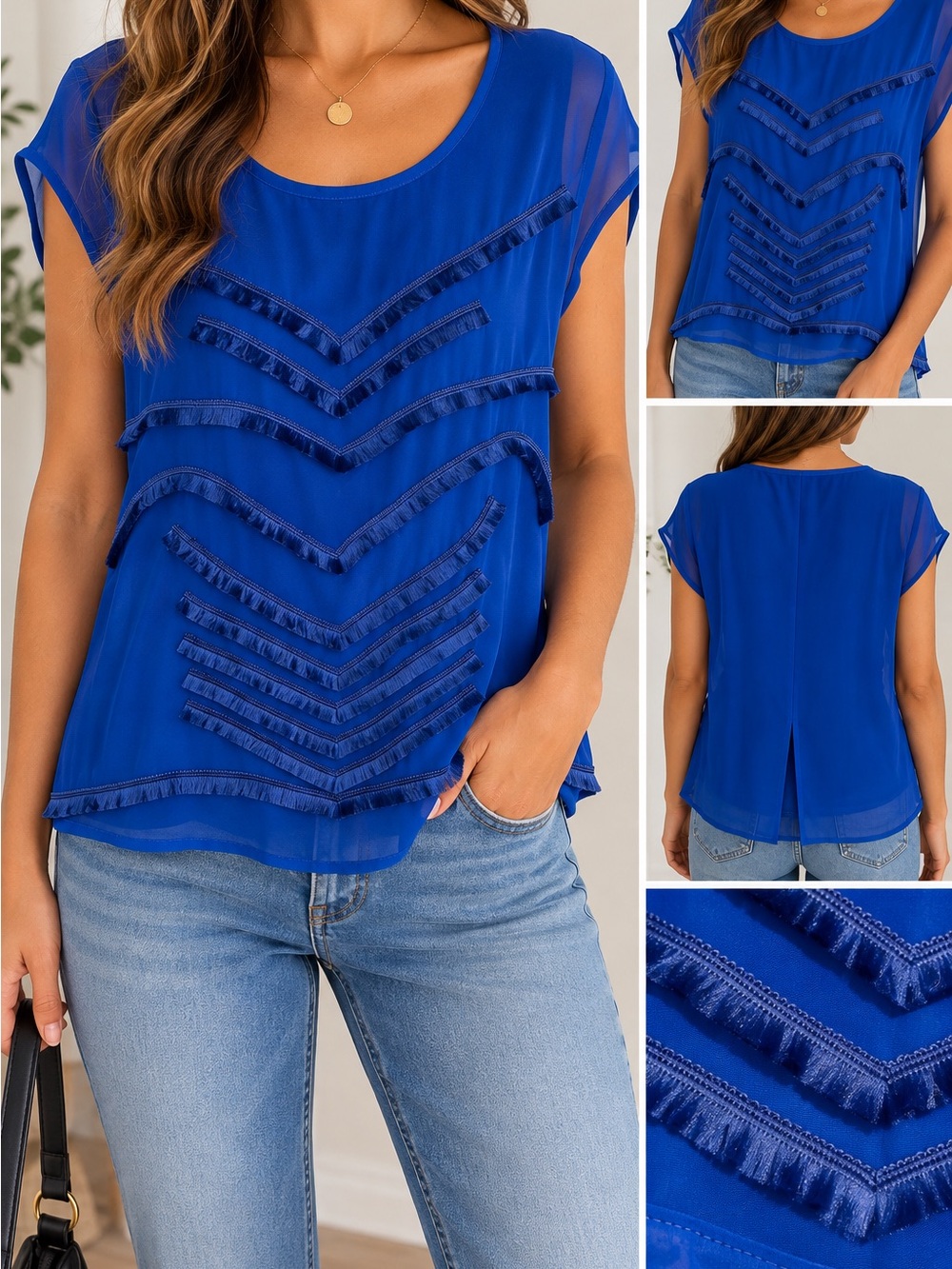 Dana Buchman Cobalt Blue Sheer Chevron Fringe Blouse Size L